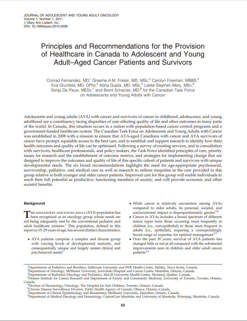 Principles and Recommendations for the Provision of Healthcare in Canada to Adolescent and Young Adult – Aged Cancer Patients and Survivors