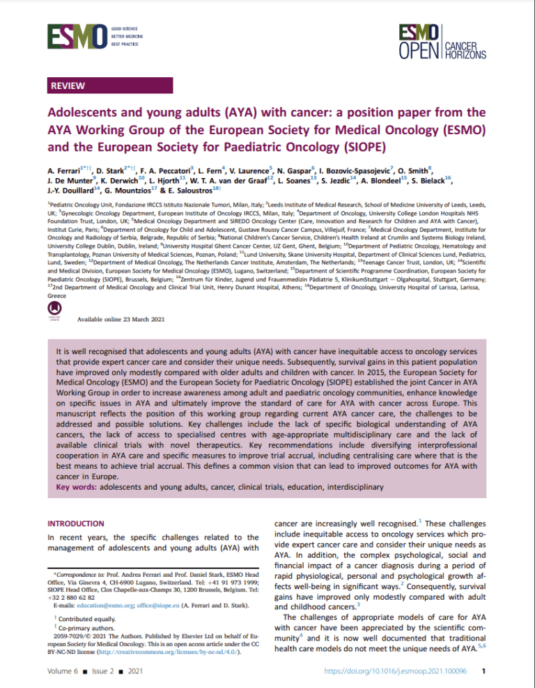 Adolescents and Young Adults (AYA) With Cancer: A Position Paper From the AYA Working Group of the European Society for Medical Oncology (ESMO) And the European Society for Paediatric Oncology (SIOPE)